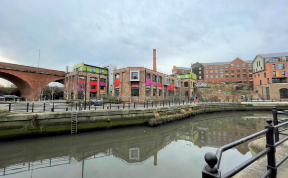 A view of buildings in Ouseburn across the River Ouse	